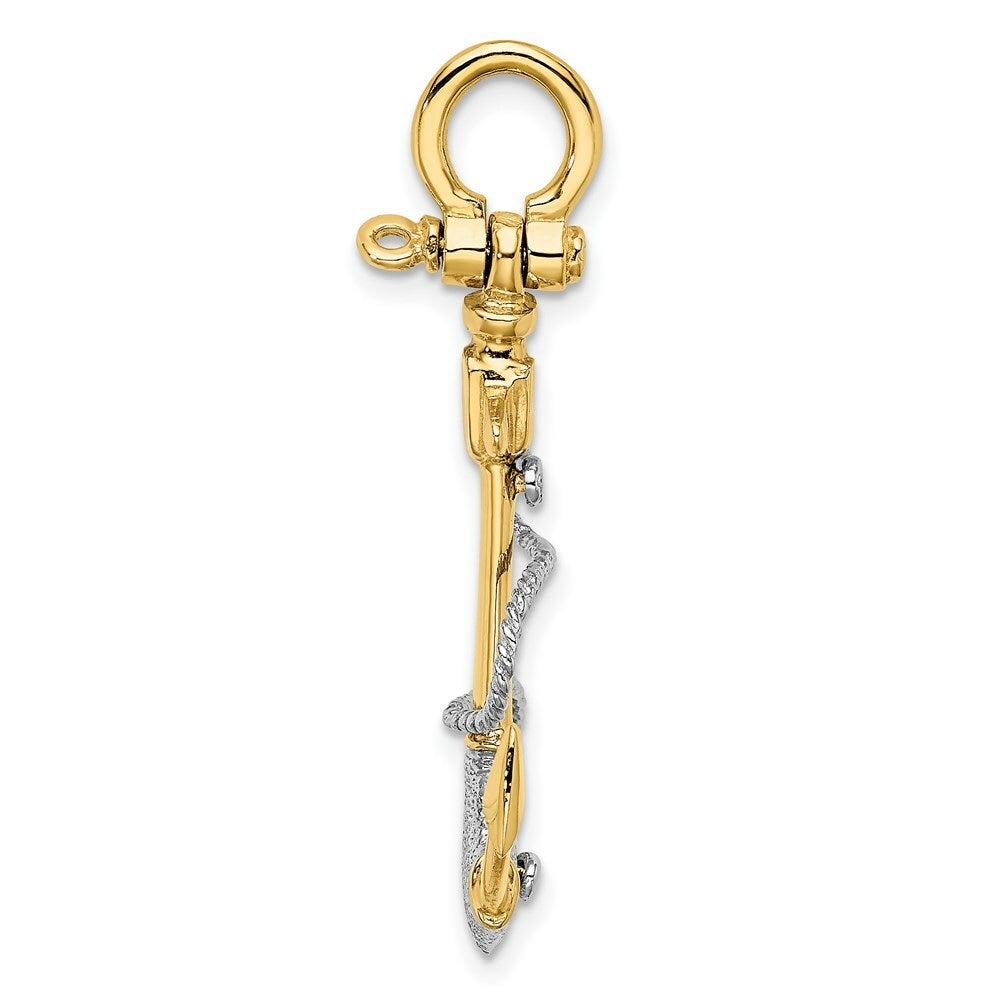14K Two-tone Gold 3-D Textured Anchor With Rope & Shackle bail Charm Pendant