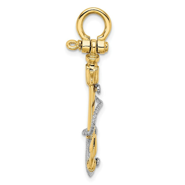 14K Two-tone Gold 3-D Textured Anchor With Rope & Shackle bail Charm Pendant