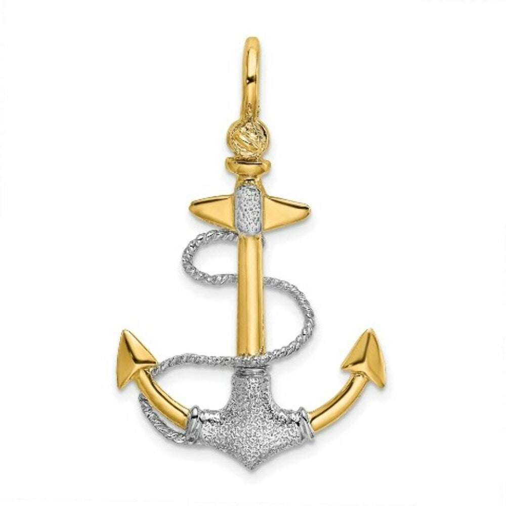 14K Two-tone Gold 3-D Textured Anchor With Rope & Shackle bail Charm Pendant