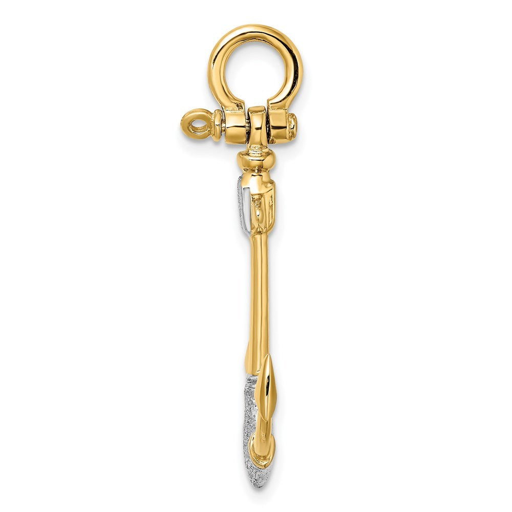 14K Yellow Gold and White Rhodium 3-D Textured Anchor With Shackle bail Charm Pendant