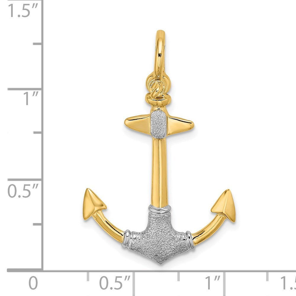 14K Yellow Gold and White Rhodium 3-D Textured Anchor With Shackle bail Charm Pendant