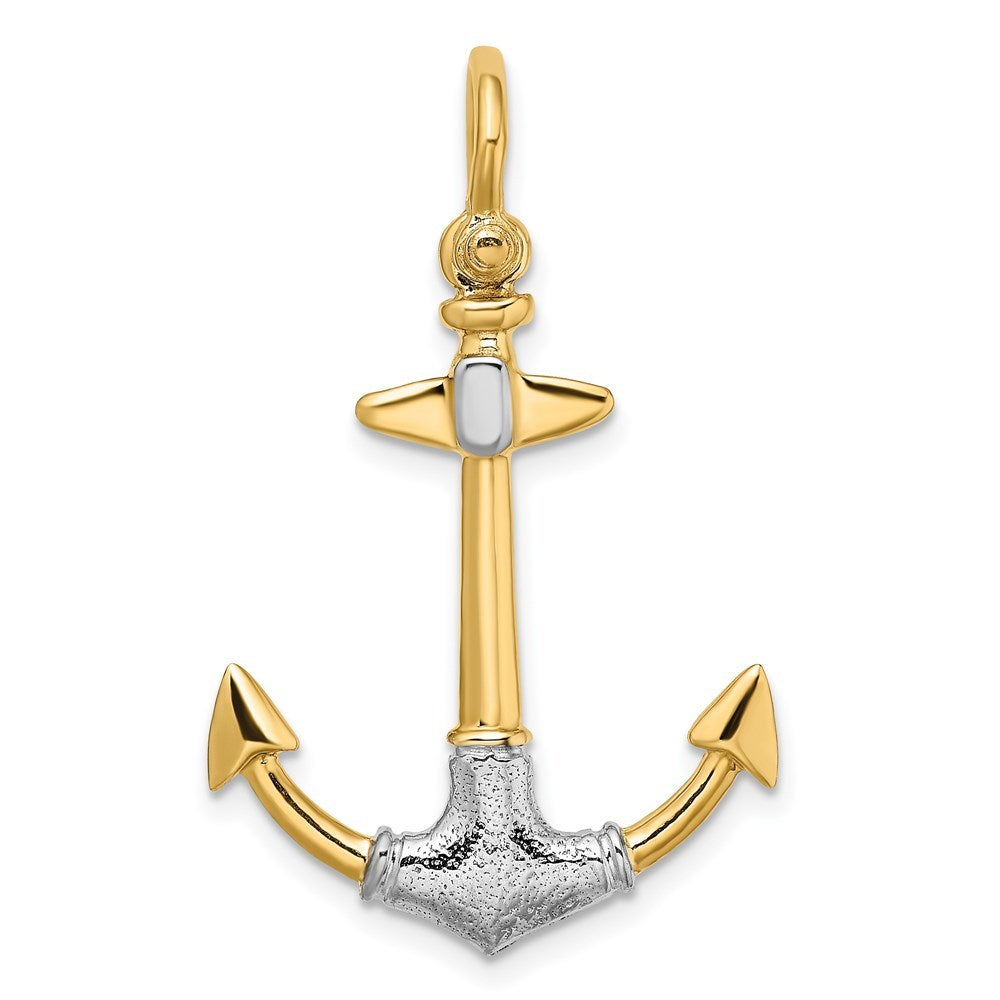 14K Yellow Gold and White Rhodium 3-D Textured Anchor With Shackle bail Charm Pendant