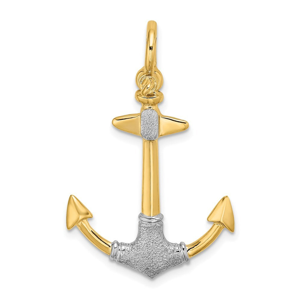 14K Yellow Gold and White Rhodium 3-D Textured Anchor With Shackle bail Charm Pendant