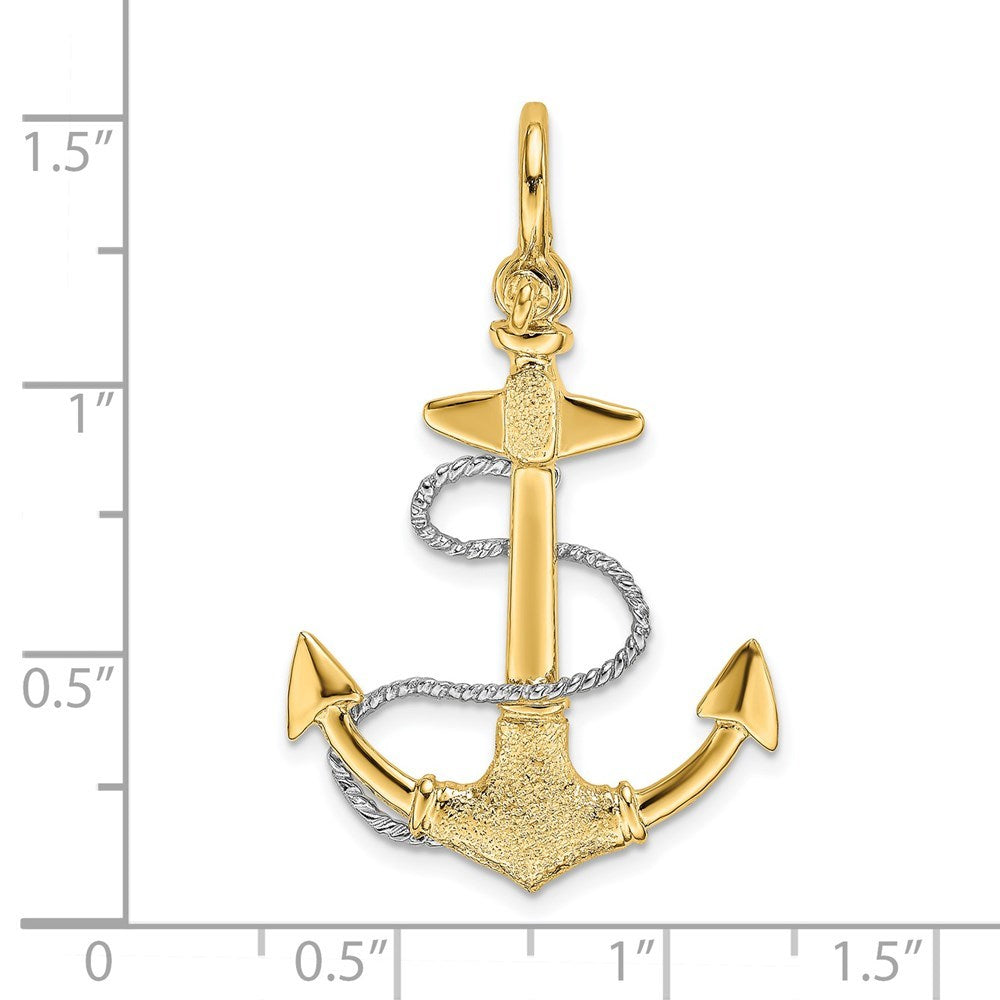 14K Two-tone Gold 3-D Small Anchor With Rope & Shackle Bail Charm Pendant