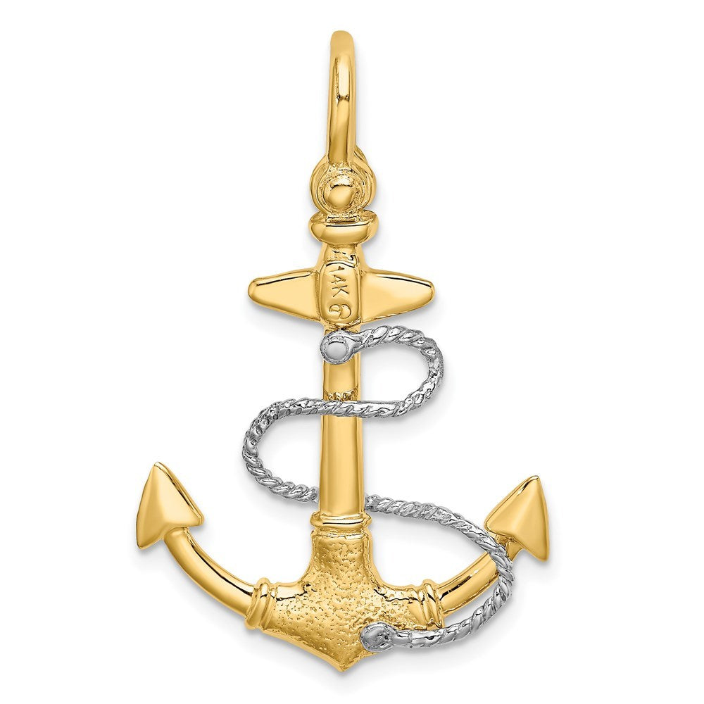14K Two-tone Gold 3-D Small Anchor With Rope & Shackle Bail Charm Pendant