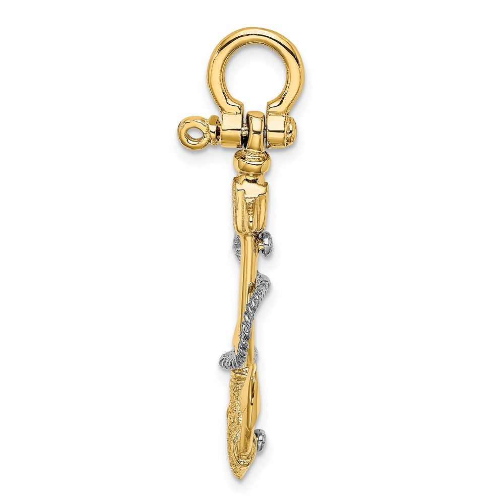 14K Two-tone Gold 3-D Small Anchor With Rope & Shackle Bail Charm Pendant