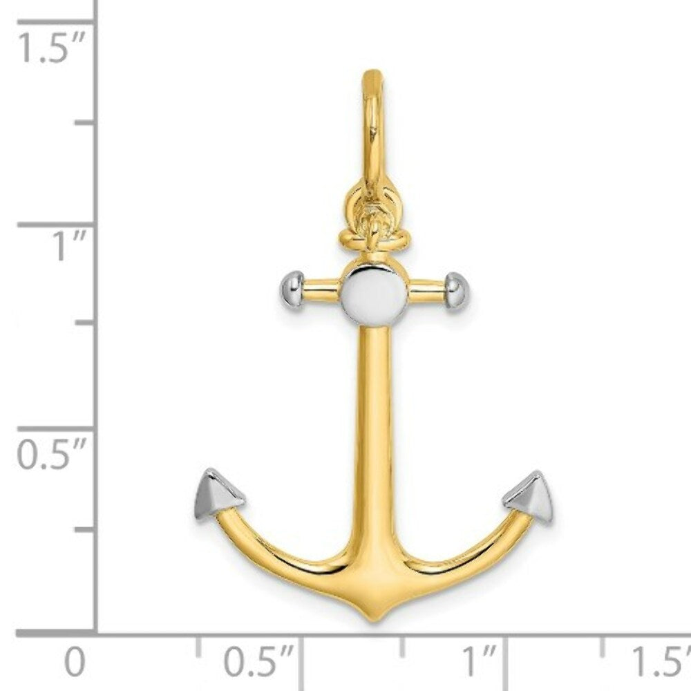 14K Yellow Gold and White Rhodium 3-D ANCHOR With Shackle Bail Charm Pendant