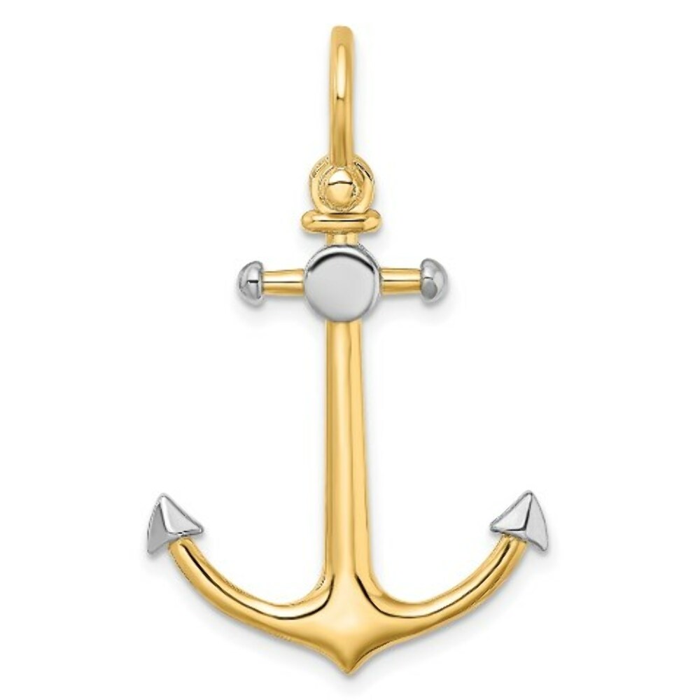 14K Yellow Gold and White Rhodium 3-D ANCHOR With Shackle Bail Charm Pendant