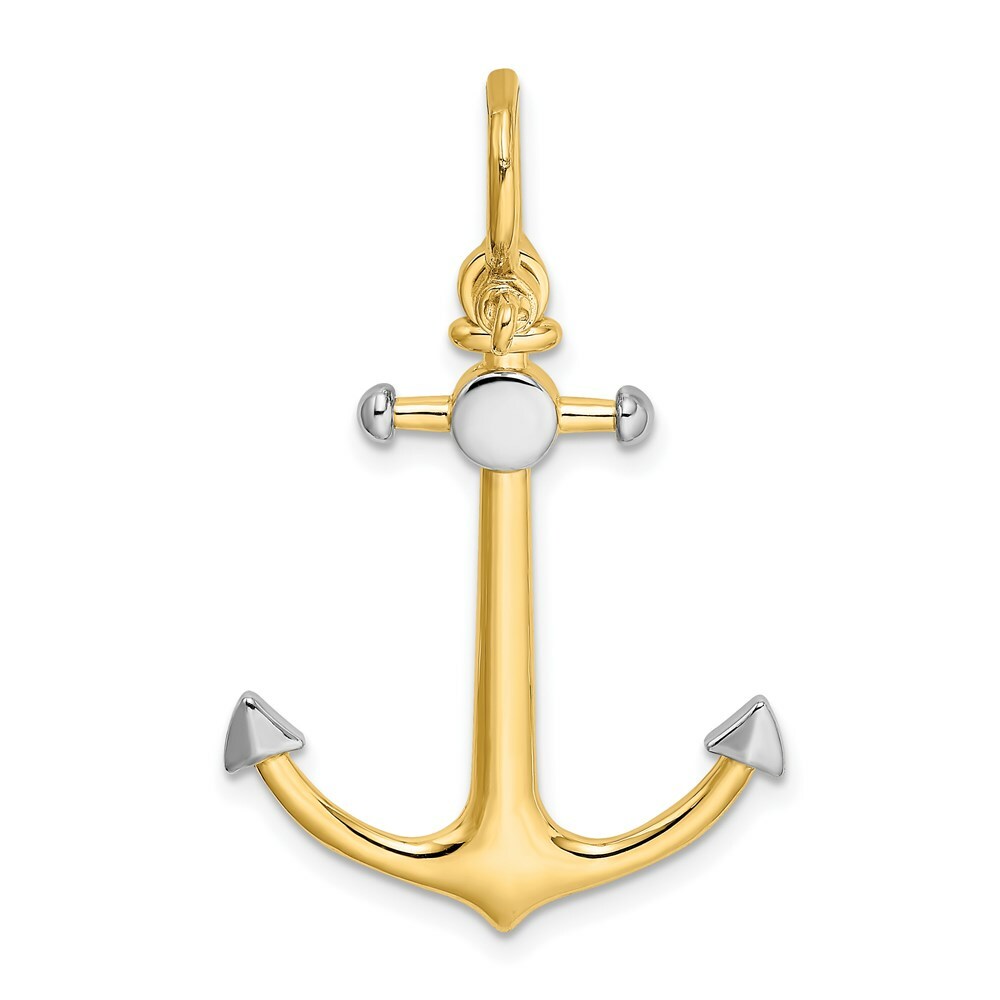 14K Yellow Gold and White Rhodium 3-D ANCHOR With Shackle Bail Charm Pendant