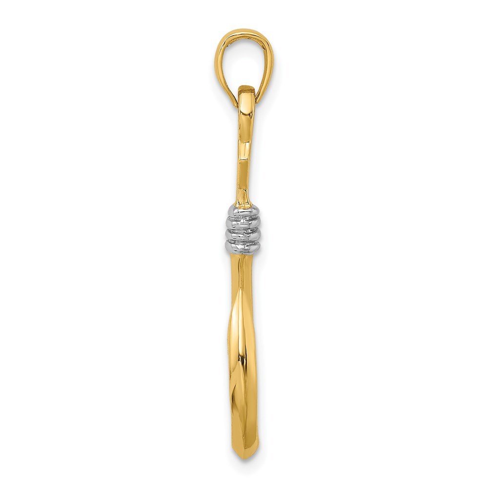 14k Yellow Gold and White Rhodium 3-D Fish Hook With Rope Charm Pendant