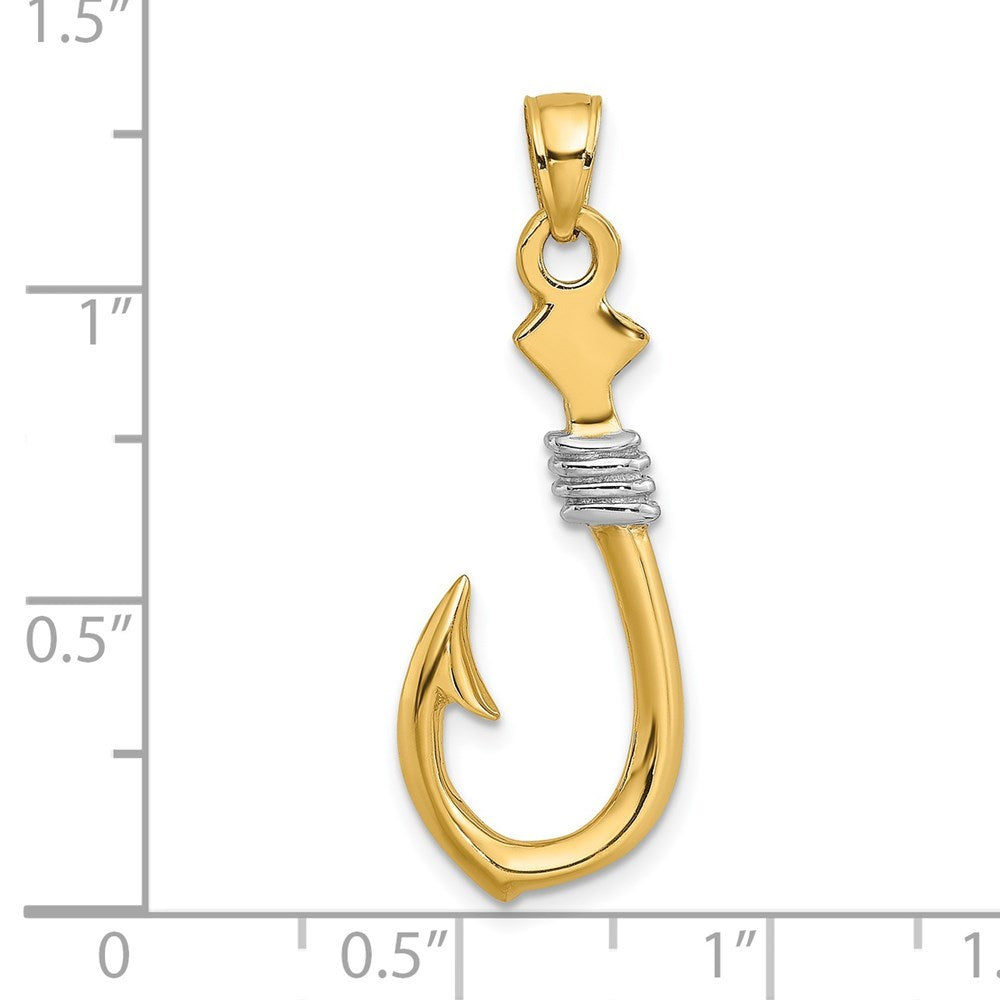14k Yellow Gold and White Rhodium 3-D Fish Hook With Rope Charm Pendant