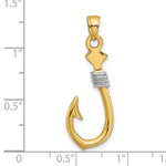 Load image into Gallery viewer, 14k Yellow Gold and White Rhodium 3-D Fish Hook With Rope Charm Pendant
