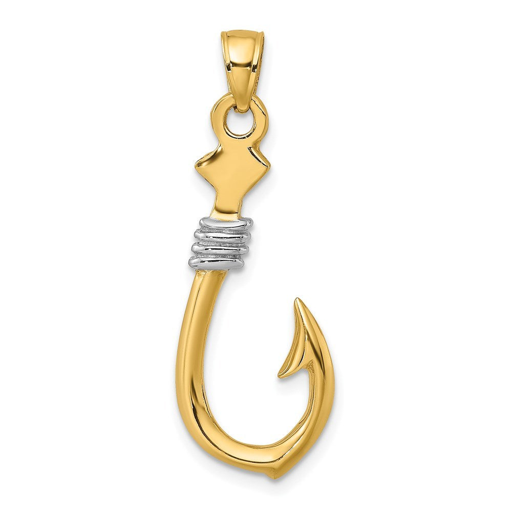 14k Yellow Gold and White Rhodium 3-D Fish Hook With Rope Charm Pendant