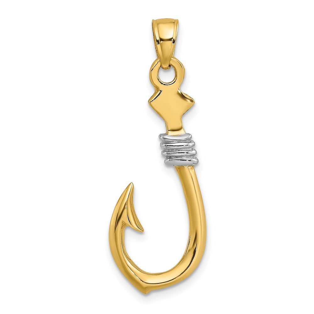 14k Yellow Gold and White Rhodium 3-D Fish Hook With Rope Charm Pendant