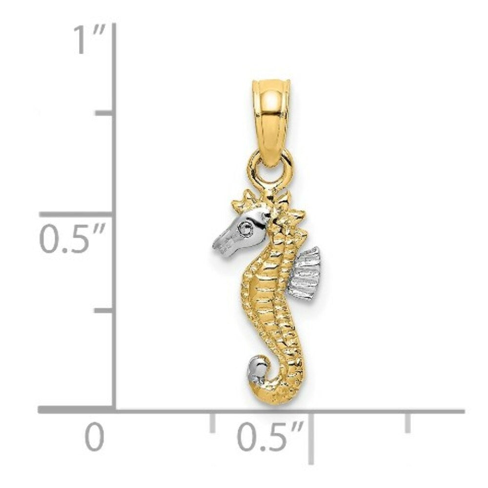 14K Yellow Gold and White Rhodium 2-D SeaHorse Charm Pendant