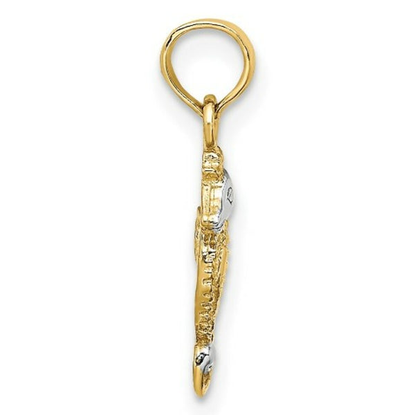 14K Yellow Gold and White Rhodium 2-D SeaHorse Charm Pendant