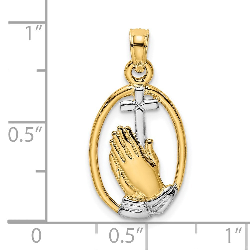 14K Yellow Gold with White Rhodium Praying Hands with Cross Charm Pendant