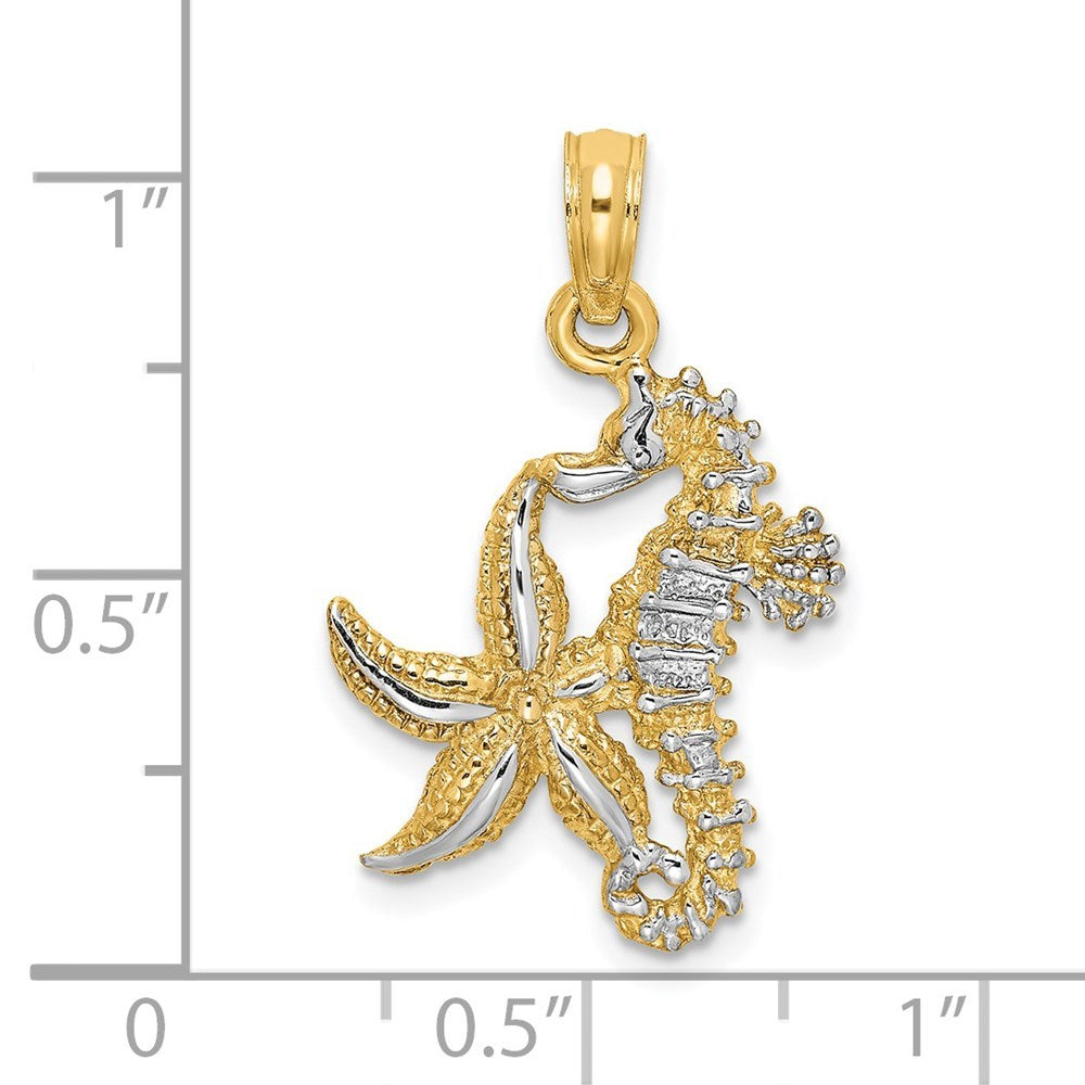 14K Yellow Gold with White Rhodium Starfish with SEAHorse Charm Pendant