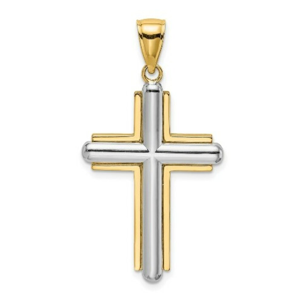 14K Two-tone Gold Beveled Cross Charm Pendant