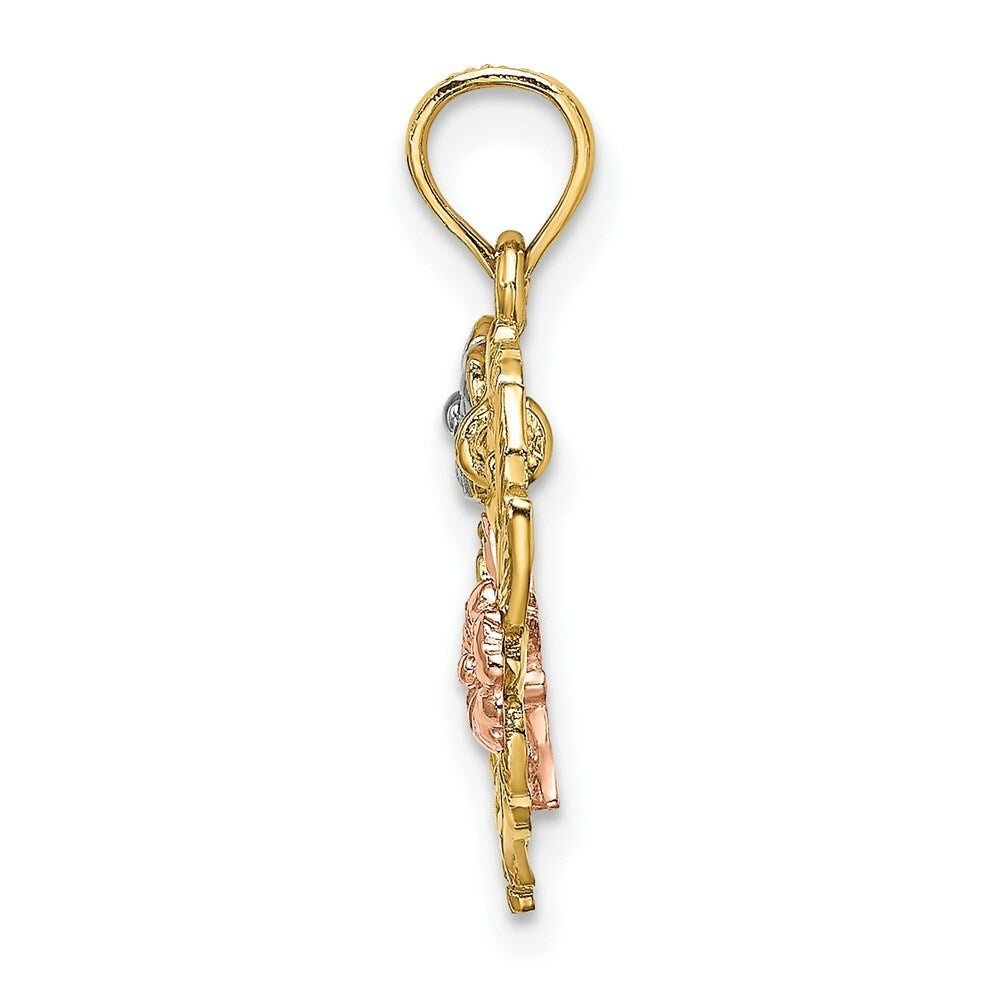 14K Tri-Color Gold Motherly Love With Flowers In Heart Charm Pendant