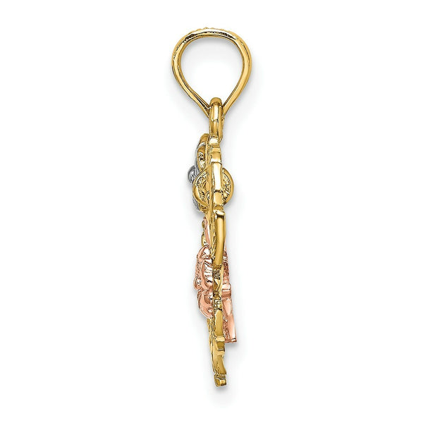 14K Tri-Color Gold Motherly Love With Flowers In Heart Charm Pendant
