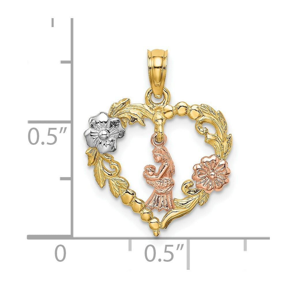 14K Tri-Color Gold Motherly Love With Flowers In Heart Charm Pendant