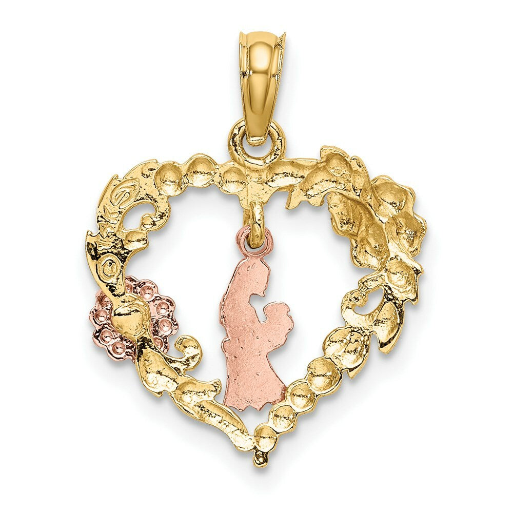 14K Tri-Color Gold Motherly Love With Flowers In Heart Charm Pendant