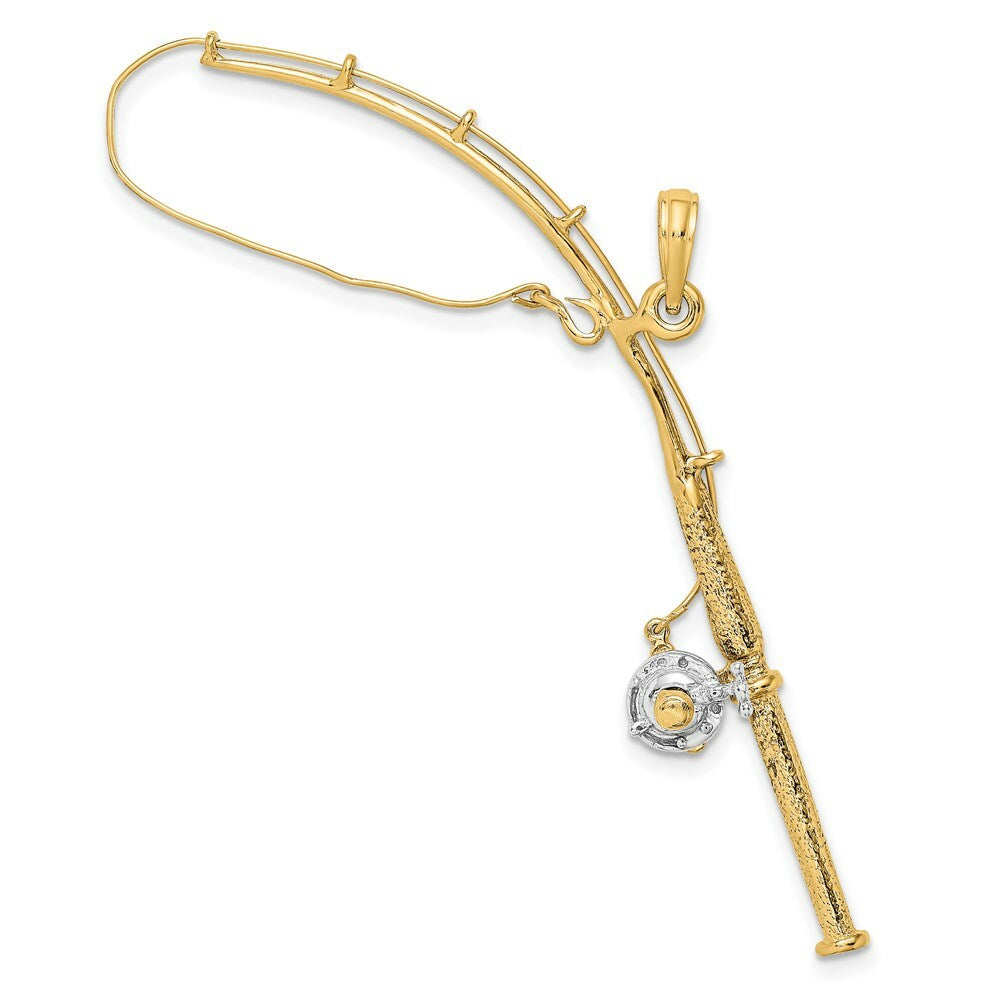 14k Yellow Gold and White Rhodium 3-D Moveable Fishing Pole With Reel Charm Pendant