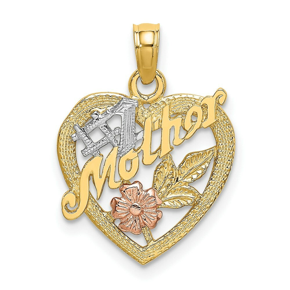 14K Two-tone Yellow and Rose Gold With #1 Mother Heart & Flower Charm Pendant