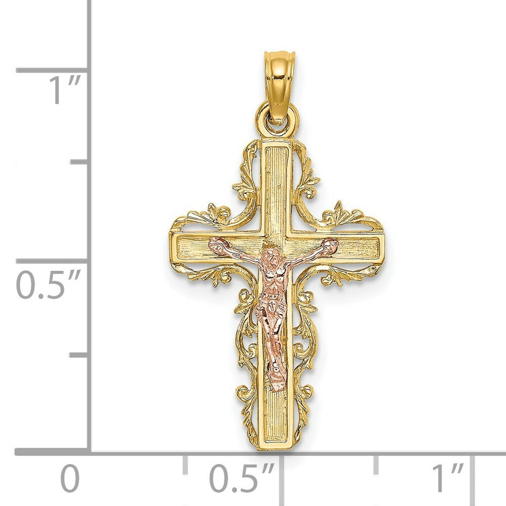 14K Two-Tone Gold With Lace Trim Crucifix Charm Pendant