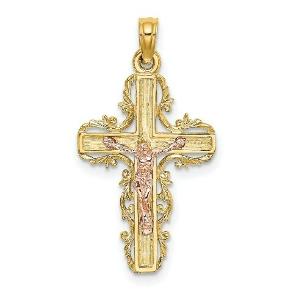 14K Two-Tone Gold With Lace Trim Crucifix Charm Pendant
