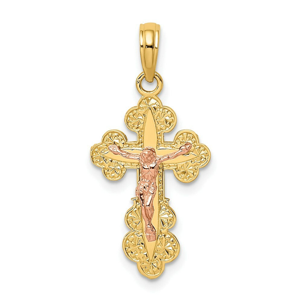 14K Two-Tone Gold Crucifix With Scallop Trim Charm Pendant