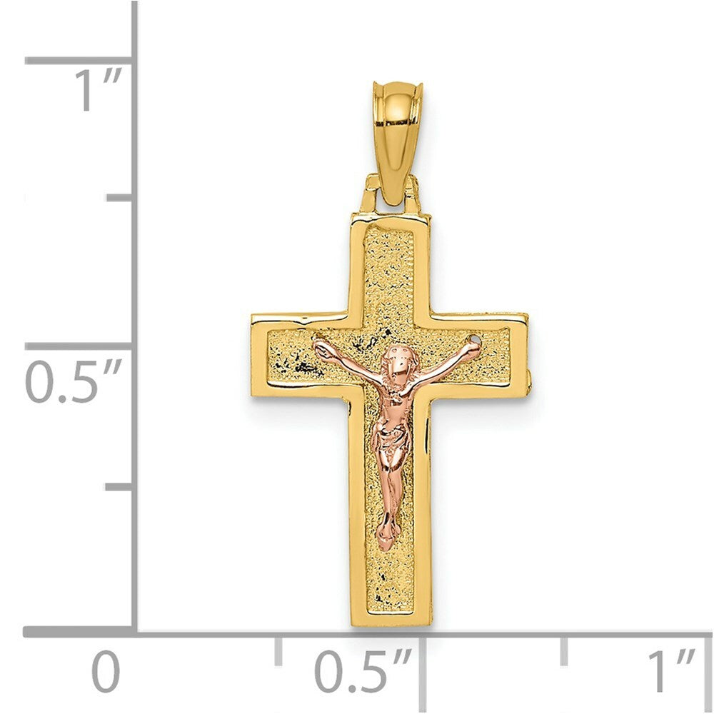 14K Two-Tone Gold Crucifix On Block Cross Charm Pendant