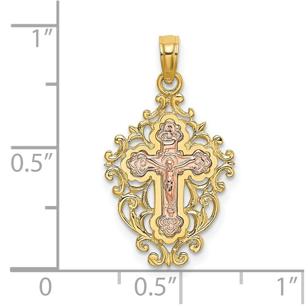14K Two Tone Gold With Lace Trim Crucifix Charm Pendant