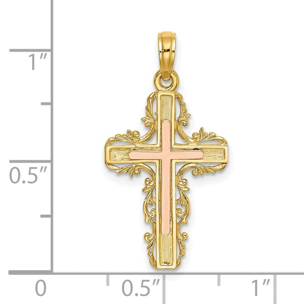 14K Two-Tone Gold With Lace Trim Cross Charm Pendant