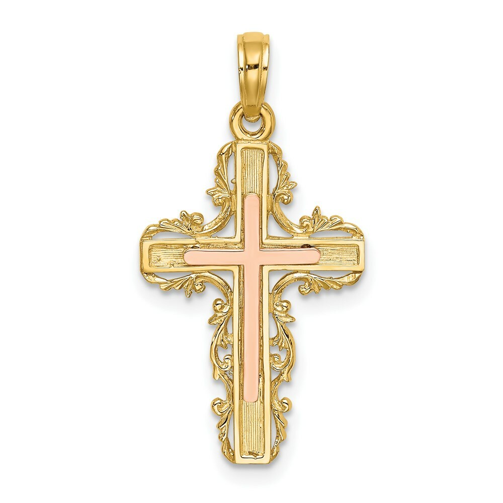 14K Two-Tone Gold With Lace Trim Cross Charm Pendant