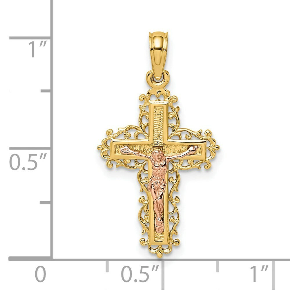 14K Two-Tone Gold Crucifix With Lace Trim Charm Pendant