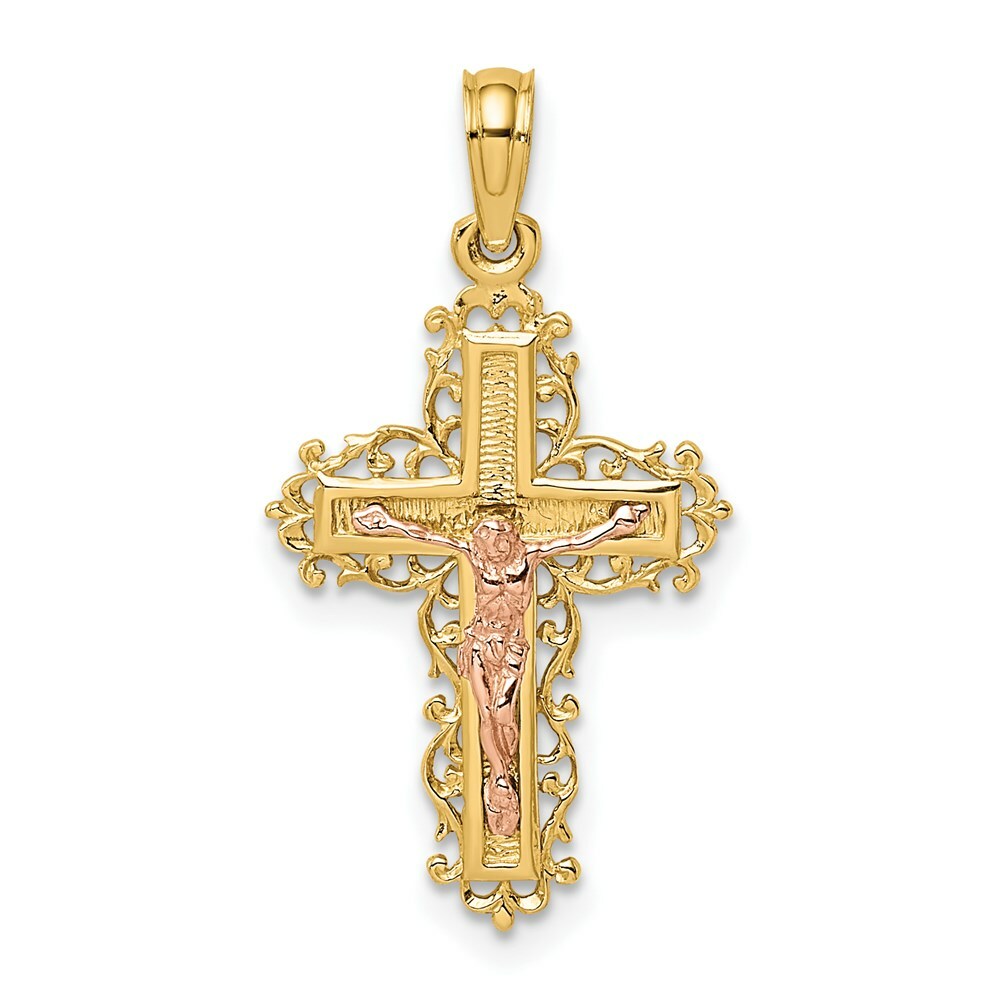 14K Two-Tone Gold Crucifix With Lace Trim Charm Pendant