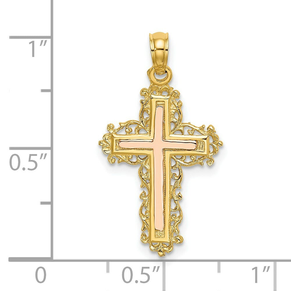 14K Two-Tone Gold Cross With Lace Trim Charm Pendant