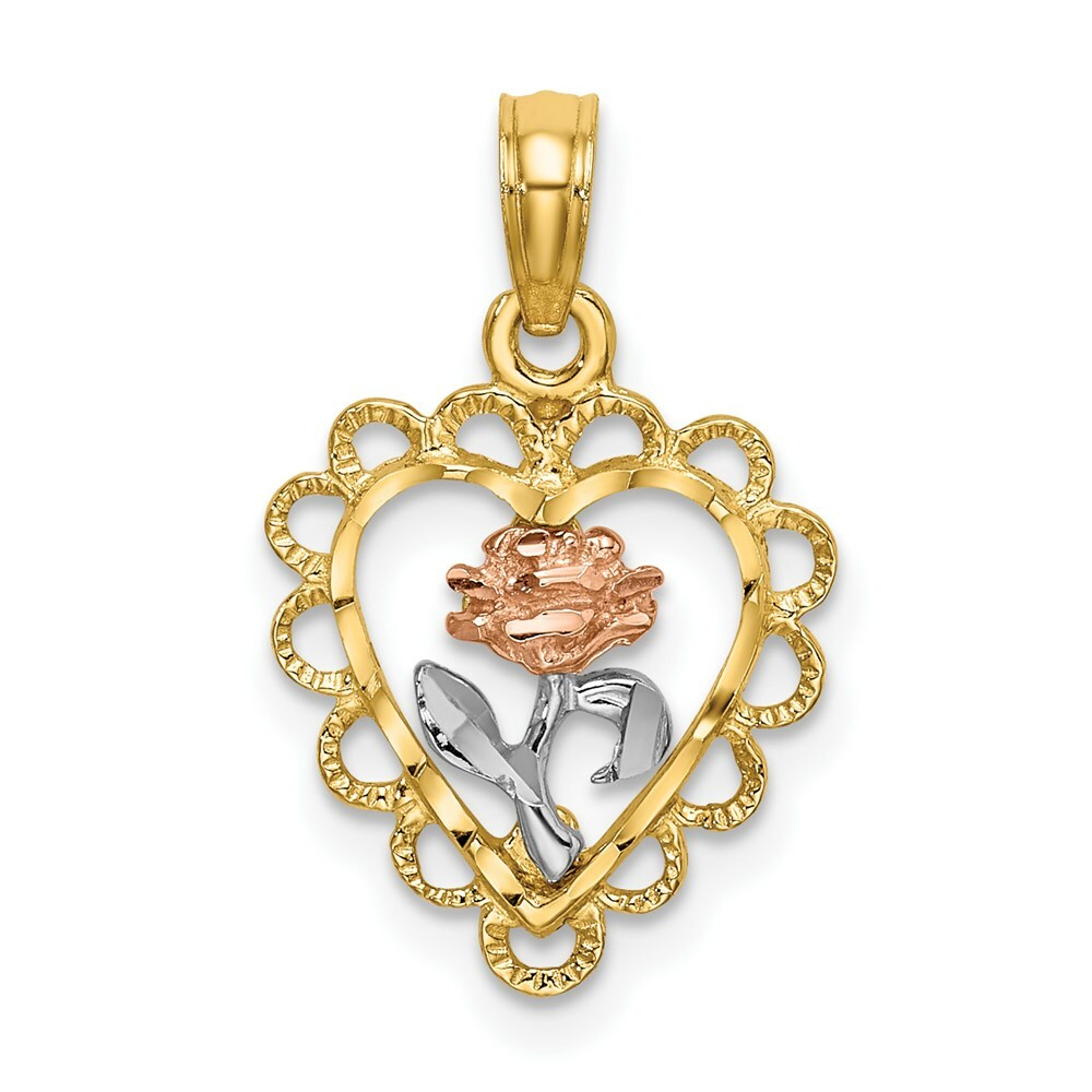 14K Tri Color Heart With Rose & Lace Trim Charm Pendant
