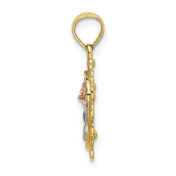14K Tri Color Heart With Rose & Lace Trim Charm Pendant