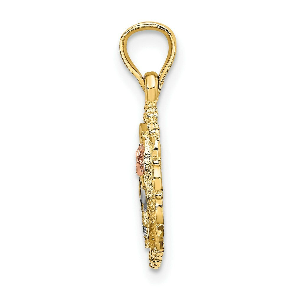 14K Tri-Color Gold Rose In Oval Frame Charm Pendant