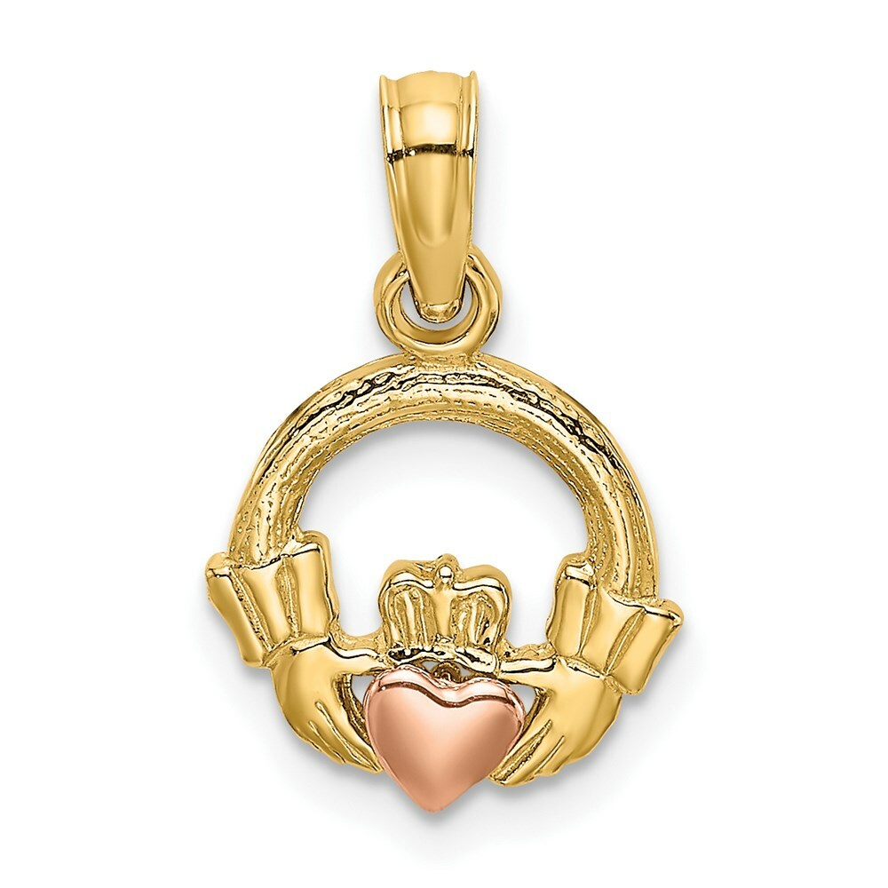 14K Two-Tone Gold Claddagh With Heart Charm Pendant