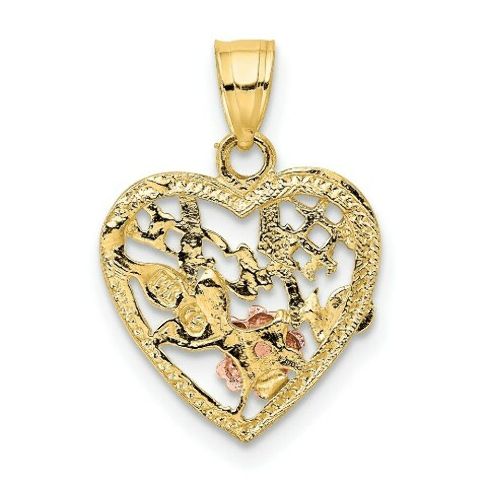 14K Two-Tone Gold With #1 WIFE In Heart With Flower Charm Pendant