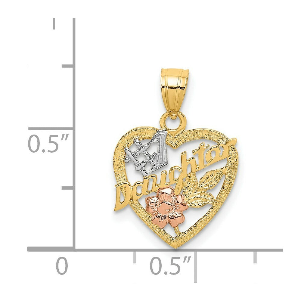 14K Tri-Color Gold #1 DAUGHTER IN HEART With Flowers Charm Pendant