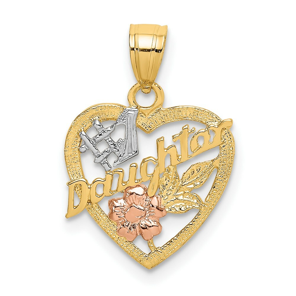 14K Tri-Color Gold #1 DAUGHTER IN HEART With Flowers Charm Pendant