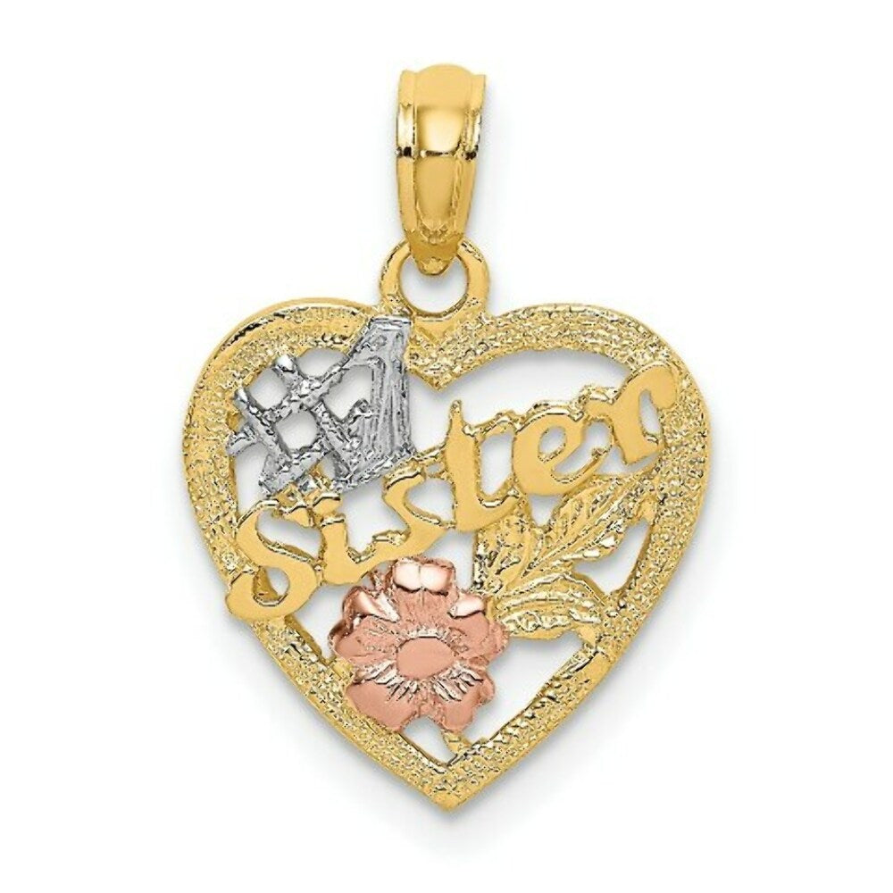 14K Tri-Color Gold #1 SISTER In Heart With Flowers Charm Pendant