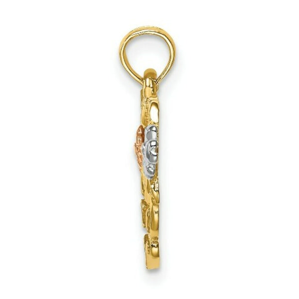 14K Tri-Color Gold Mom Banner In Heart With Flower Charm Pendant