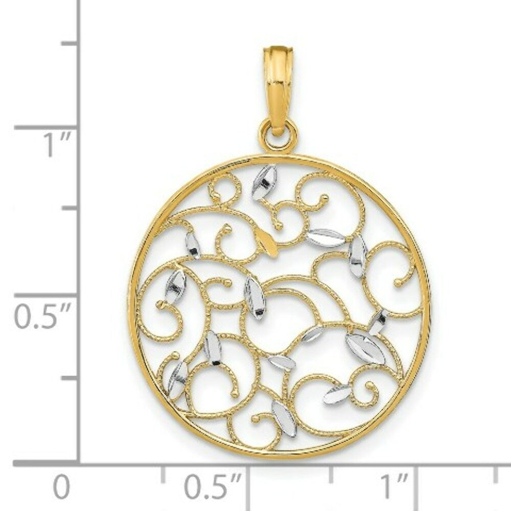 14K Yellow Gold with White Rhodium Floral Medallion Pendant Charm Pendant
