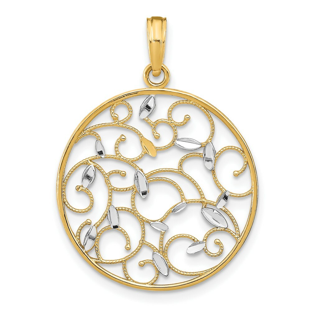14K Yellow Gold with White Rhodium Floral Medallion Pendant Charm Pendant